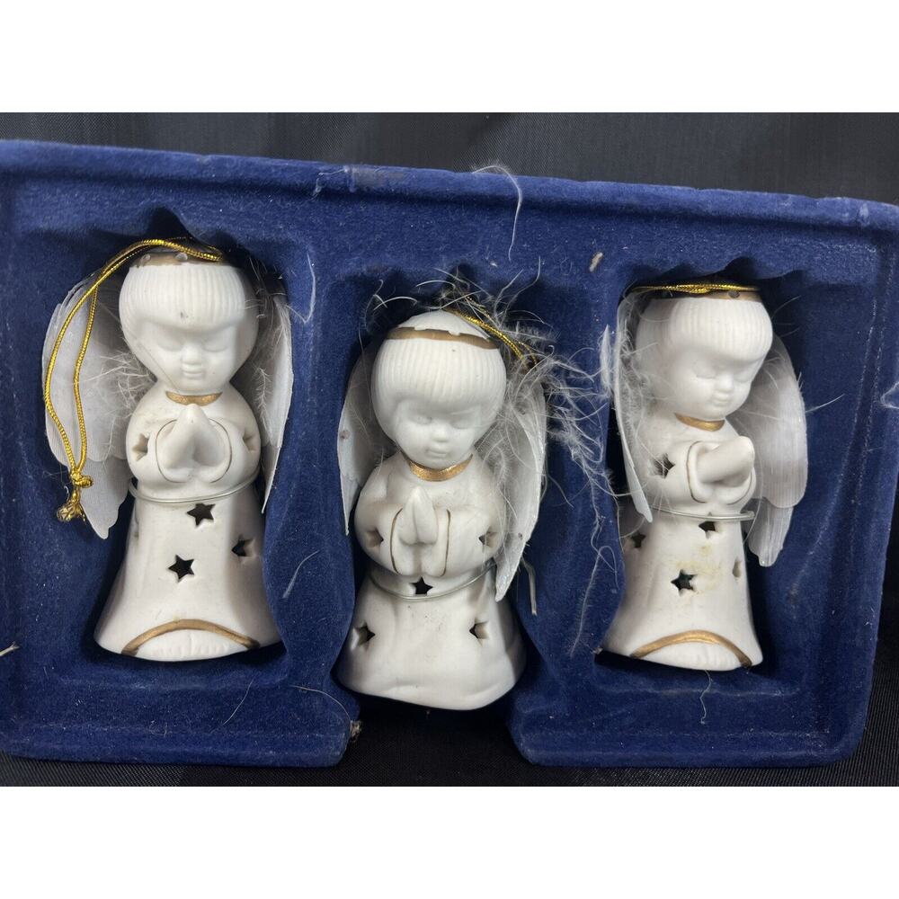 Vintage Lighted Angel Ornaments Set with Halo And‎ Feather Wings